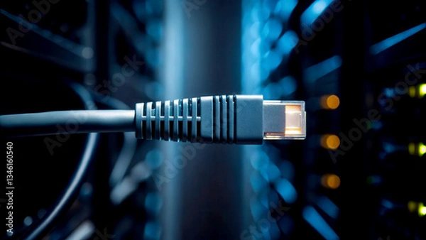 Obraz Cyber security network data loss concept. Close-up of an ethernet cable connected to a network server with illuminated ports in a dark setting.