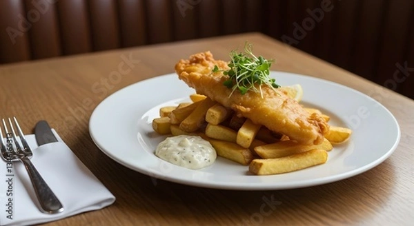 Fototapeta Serving of Fish and Chips on a Plate in Restaurant Setting