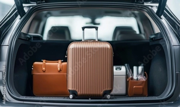 Fototapeta Luggage and briefcase neatly packed in the car trunk, ready for a business trip or vacation.