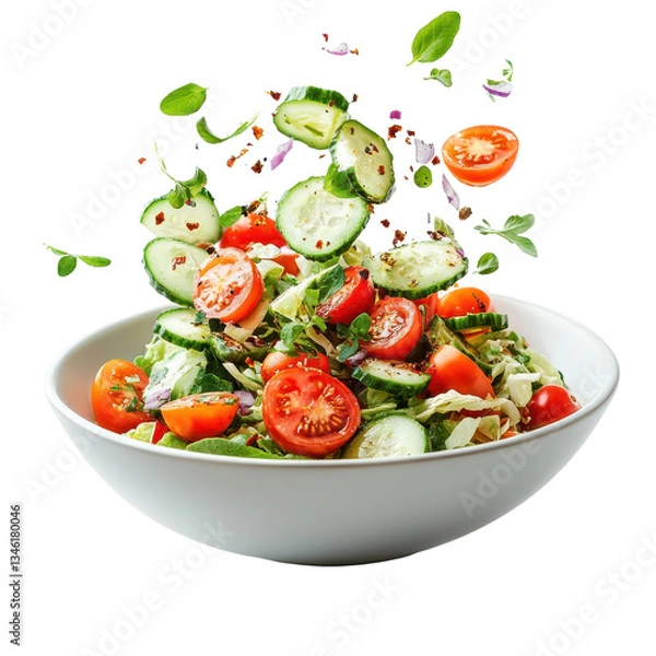 Fototapeta Fresh vibrant vegetable salad in a white bowl ingredients flying around it, isolated on transparent background