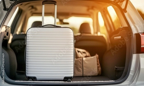 Fototapeta Suitcase and bag packed in the car trunk, ready for a road trip adventure on a sunny day.