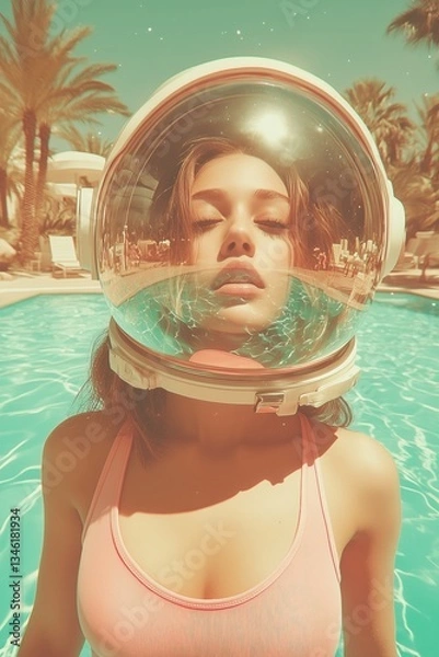 Fototapeta Futuristic vintage portrait of a woman in a bikini and astronaut helmet, pink and blue pastel hues, artistic and elegant.