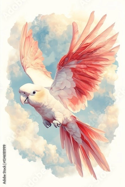 Obraz Artistic oil painting of a white parrot soaring with bright red wings, realistic sky background, clipart on white paper.