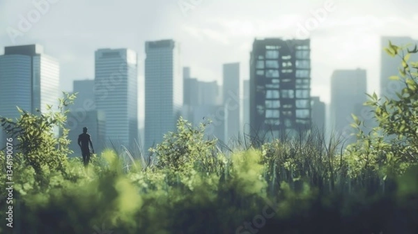 Fototapeta Urban Oasis: Man Walking Towards a Futuristic City Skyline