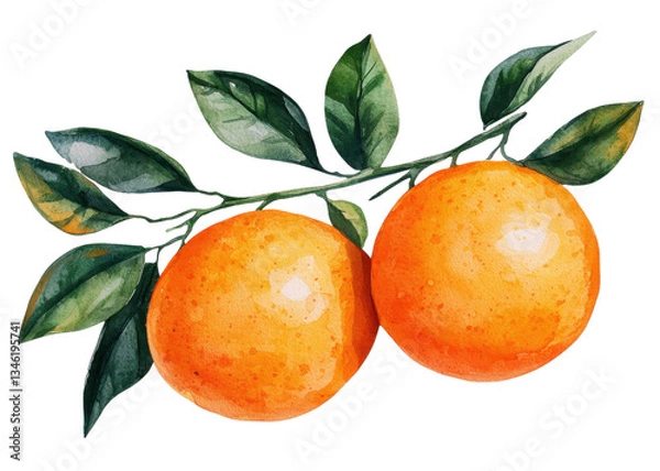 Fototapeta Watercolor painting of two oranges on a branch with leaves against a transparent background. Fresh and vibrant fruit illustration.