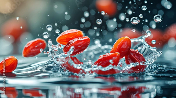 Obraz Fresh Goji Berries Splashing in Water - Dynamic and Refreshing, General AI