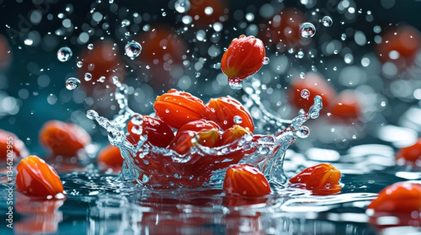 Obraz Fresh Goji Berries Splashing in Water - Dynamic and Refreshing, General AI