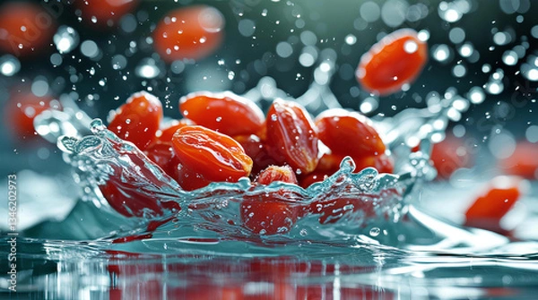 Obraz Fresh Goji Berries Splashing in Water - Dynamic and Refreshing, General AI