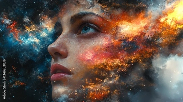 Fototapeta AI co-creates a surreal portrait blending cosmic imagery and human features in vibrant colors