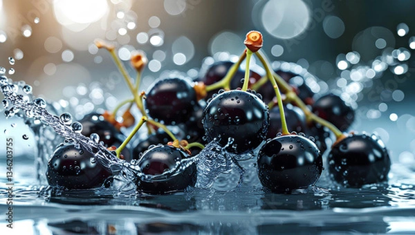 Obraz Dynamic Splash of Glossy Black Currants in Water – Fresh and Juicy Berries with Water Droplets, General AI