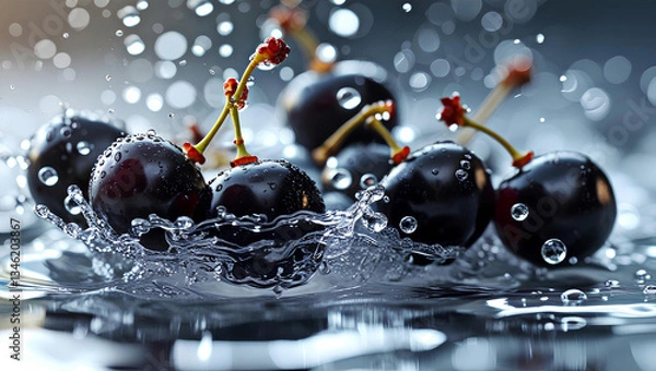 Obraz Dynamic Splash of Glossy Black Currants in Water – Fresh and Juicy Berries with Water Droplets, General AI