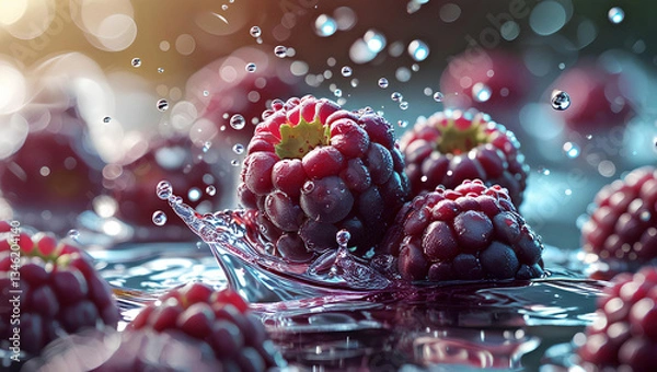 Obraz Dynamic Close-Up of Fresh Boysenberries Splashing in Water – Juicy Red Berries with Water Droplets, General AI
