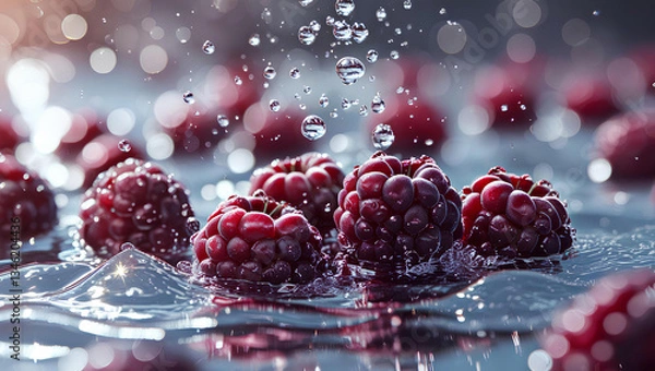 Obraz Dynamic Close-Up of Fresh Boysenberries Splashing in Water – Juicy Red Berries with Water Droplets, General AI