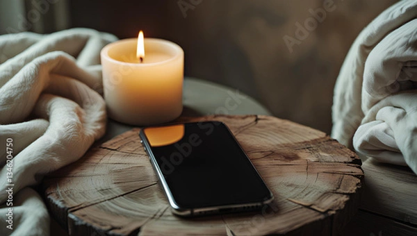 Obraz Serene Digital Detox – Cozy Candlelit Evening with Smartphone on Rustic Wooden Table, General AI