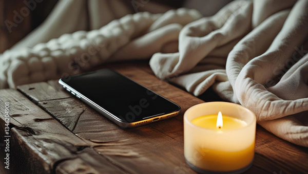 Obraz Serene Digital Detox – Cozy Candlelit Evening with Smartphone on Rustic Wooden Table, General AI