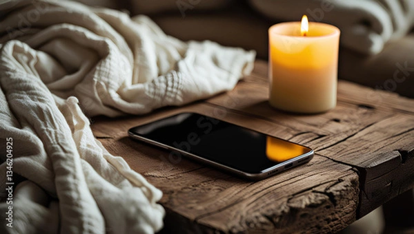 Obraz Serene Digital Detox – Cozy Candlelit Evening with Smartphone on Rustic Wooden Table, General AI