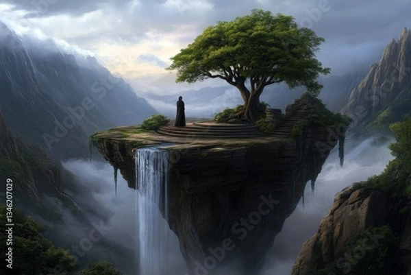 Fototapeta A dreamlike floating island with a waterfall cascading into the clouds, surrounded by vibrant mystical creatures