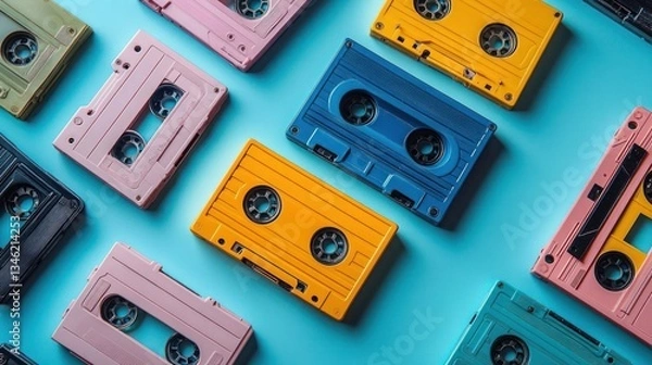 Fototapeta Colorful Vintage Cassette Tapes on Blue Background Retro Music Nostalgia