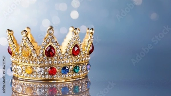 Fototapeta A sparkling golden crown adorned with colorful gemstones, reflecting light against a soft, blurred background.