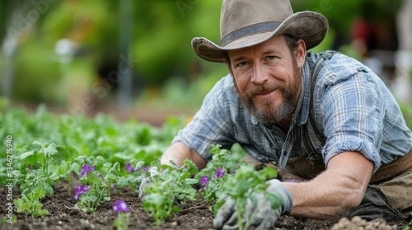 Fototapeta A smiling man tending his plants in a garden setting