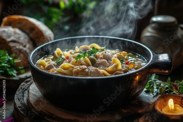 Fototapeta Aromatic Chicken Noodle Soup in Rustic Bowl