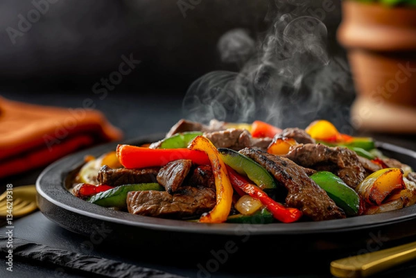 Fototapeta Sizzling beef fajitas with steam and metallic accents