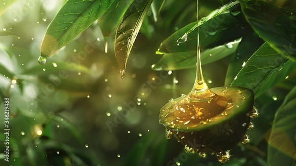 Fototapeta Fresh avocados suspended in nature with oil dripping from green leaves at dawn