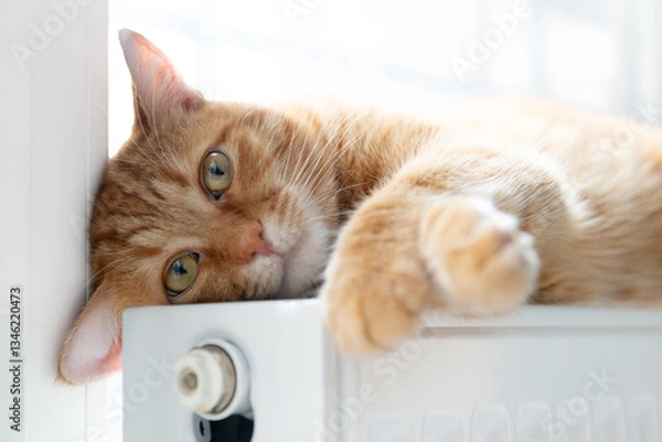 Obraz Beautiful ginger tabby cat lies and warms himself on a radiator at home near the window in winter