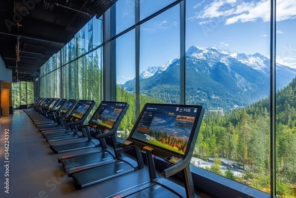Fototapeta Mountain view gym with treadmills.  Workout with a stunning backdrop of snow-capped peaks and lush forests.