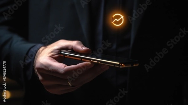Obraz Man holding smartphone with glowing circular graph.