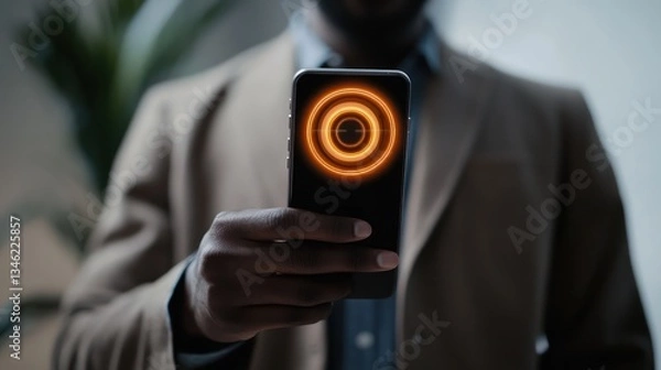 Fototapeta Man using smartphone with glowing circular interface.