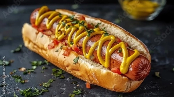 Fototapeta Classic hot dog with a zigzag of mustard on a soft bun isolated