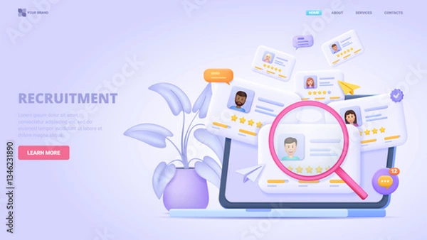 Fototapeta Recruitment and hiring platform. Job search and employment service. HR agency for talent acquisition. Workforce selection and candidate management. Vector 3d design concept for landing page. Three dim