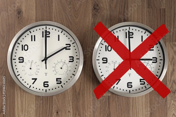 Fototapeta No daylight saving time change: permanent standard time implemented. Abolition of daylight saving time: no clock change this spring. DST discontinuation: no time adjustment needed.