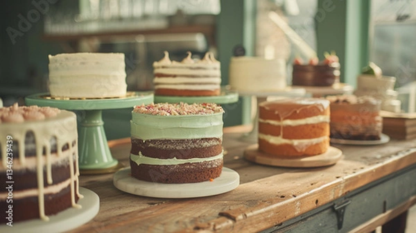 Fototapeta Rustic bakery table featuring an assortment of homemade cakes