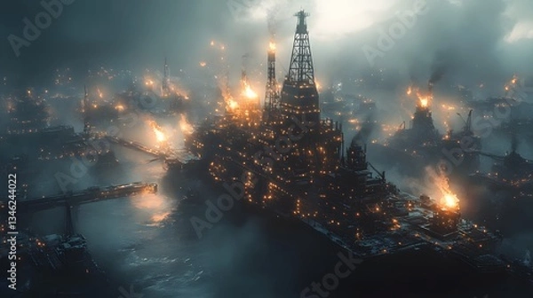 Fototapeta A digital artwork depicting burning oil rigs at sea, shrouded in thick fog, creating a dystopian and ominous atmosphere. Oil Production Process Theme Background. Dramatic night of an Oil Rig