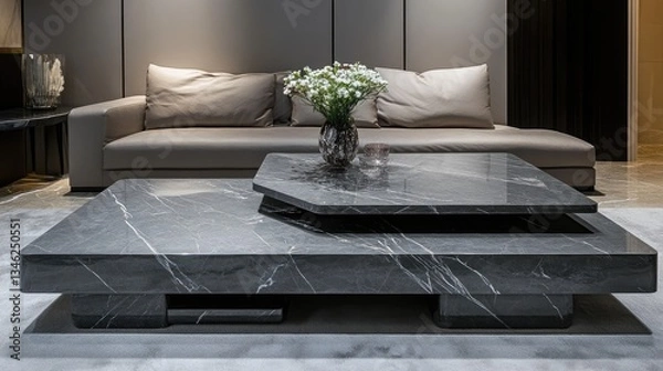 Fototapeta A chic interior featuring a sleek, modern coffee table that adjusts for different uses