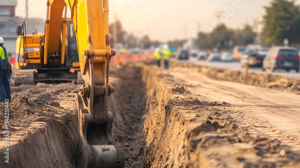 Fototapeta Excavator digging trench for utility installation on busy road, showcasing construction workers in safety gear. scene captures essence of urban development and infrastructure work