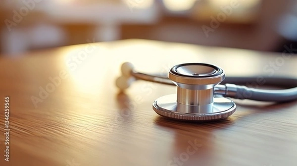 Fototapeta Close-up of a stethoscope resting on a wooden desk, illuminated by warm natural light, symbolizing healthcare and medical practice.