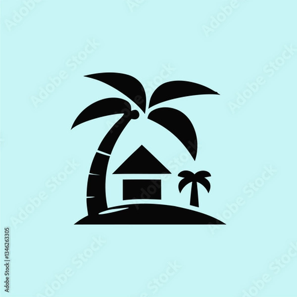Fototapeta Minimalist Beach Hut and Palm Tree Icon – Vector Illustration