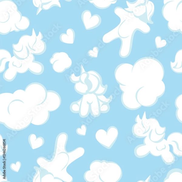 Fototapeta Seamless pattern with cute cartoon curly white clouds and fun unicorns and birds on blue. Vector background.