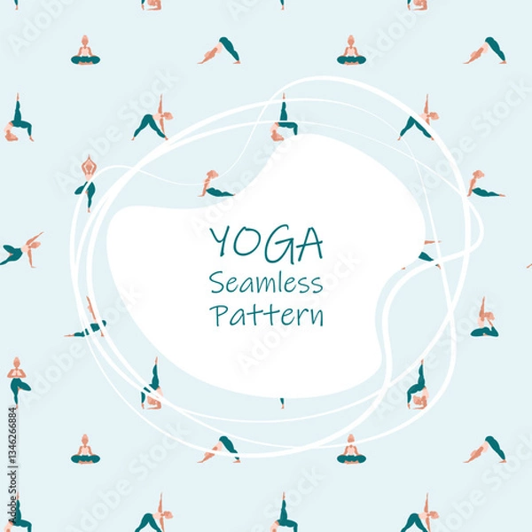 Fototapeta Yoga seamless pattern.Healthy lifestyle. World Health Day. Surface design with yoga class with people meditating and doing exercise.