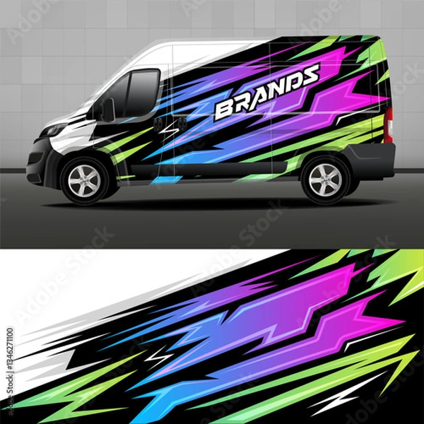 Fototapeta Delivery van vector design. Car decal. Black background with bright abstract stripes for vinyl car sticker. Car design development for company.