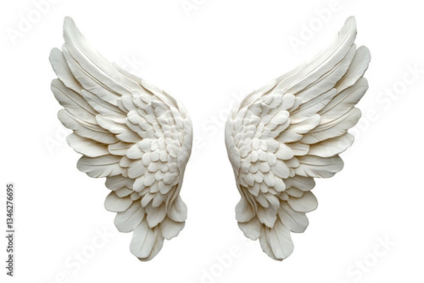 Fototapeta Delicate white angel wings with feather and layered feathers isolated on transparent background