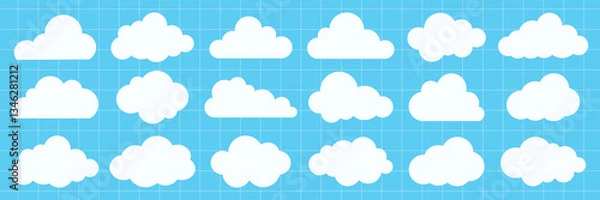 Obraz Collection of white cloud icons on a blue grid background. Clouds vary in shape and size. Simple cloud designs on a blue grid. Perfect for weather themes. Weather element vector set.