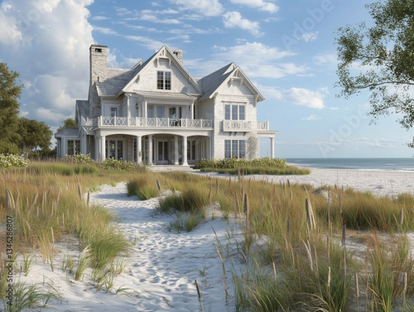 Fototapeta Luxurious beach house with ocean view and sandy path