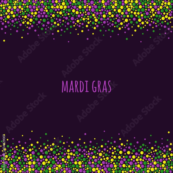 Fototapeta Mardi gras dotted pattern with space for text. Colorful dots of various size on the dark purple background. Vector abstract background EPS10.