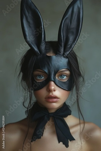 Obraz Portrait of a mysterious woman wearing a black bunny mask with long ears, posing against a gray background