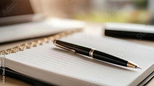 Fototapeta Elegant Black Pen on Open Notebook with Blank Pages and Green Background