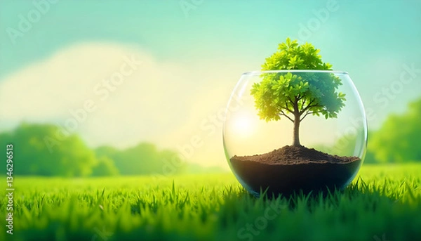 Fototapeta "A stunning nature-themed digital illustration featuring a vibrant green tree growing inside a transparent glass sphere, filled with rich soil.